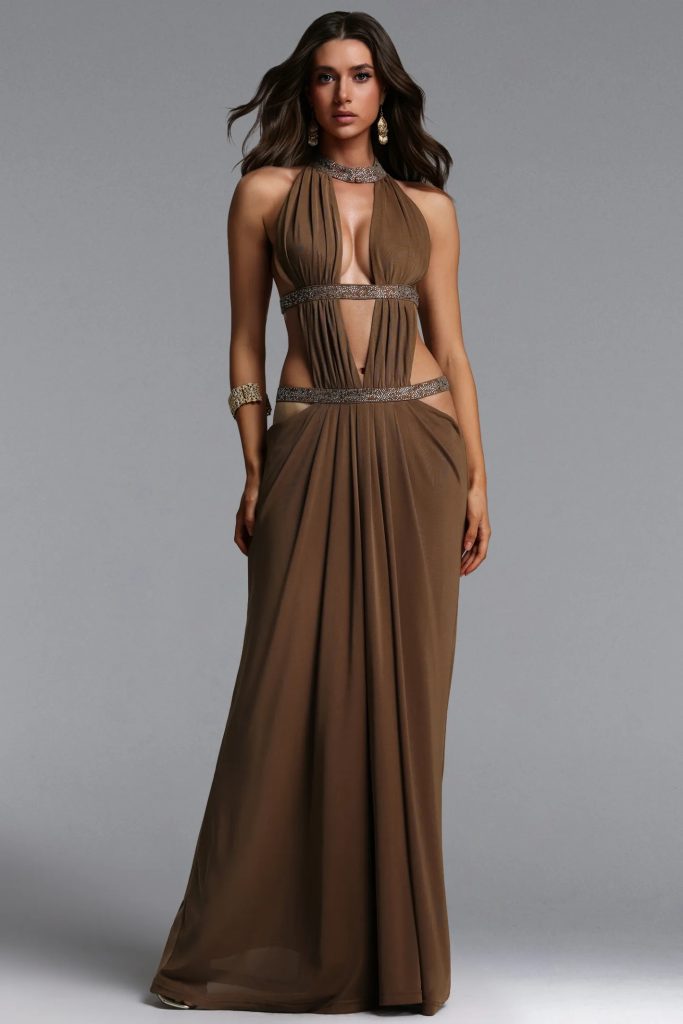 elaia halter ruched cutout brown maxi dress 11