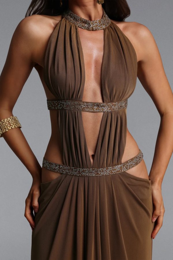 elaia halter ruched cutout brown maxi dress 13