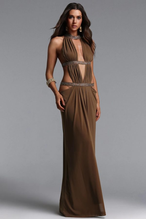 elaia halter ruched cutout brown maxi dress 14