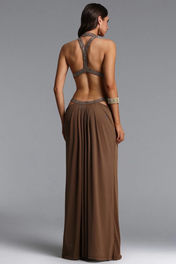 elaia halter ruched cutout brown maxi dress 16