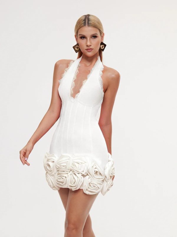 emanar halterneck flower bandage mini dress in white 14