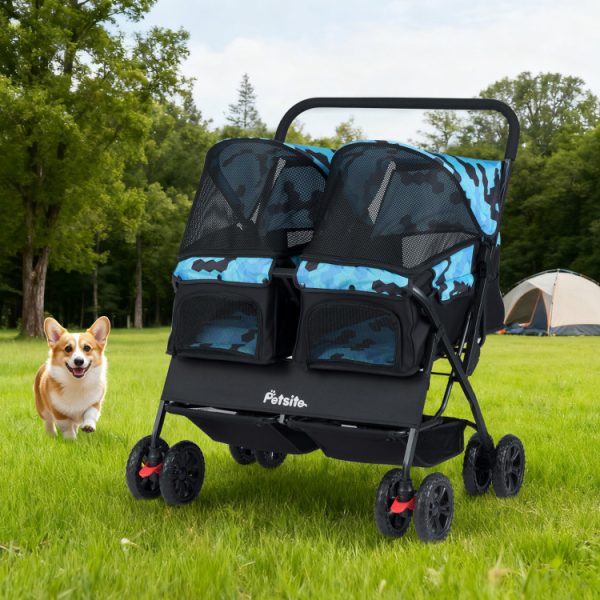 foldable double pet stroller with adjustable sunshade & storage basket 13