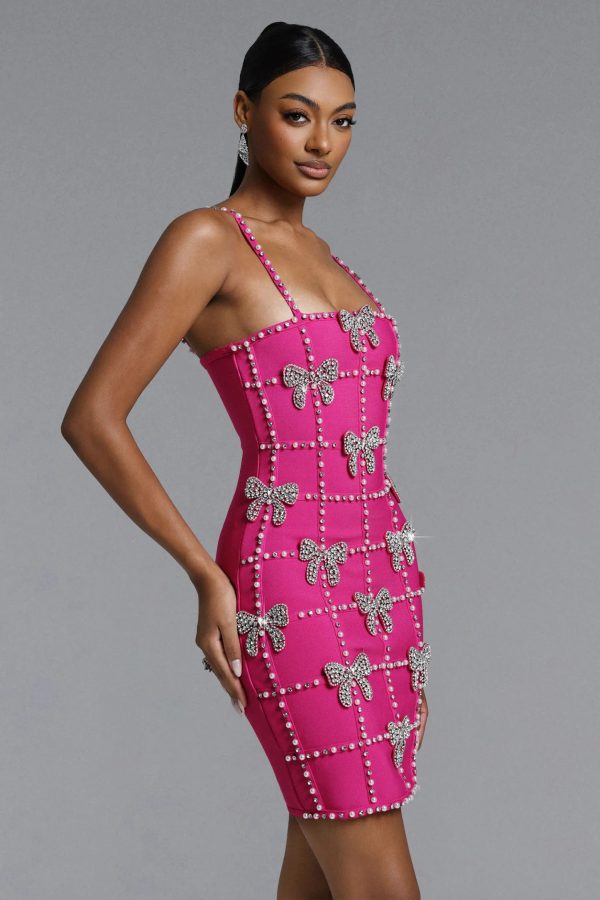 frances bow rhinestone bandage mini dress in pink 14