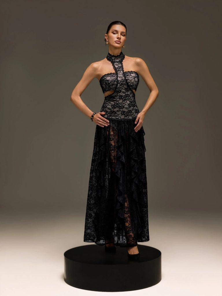 gavelyn halterneck cutout lace maxi dress in black 11