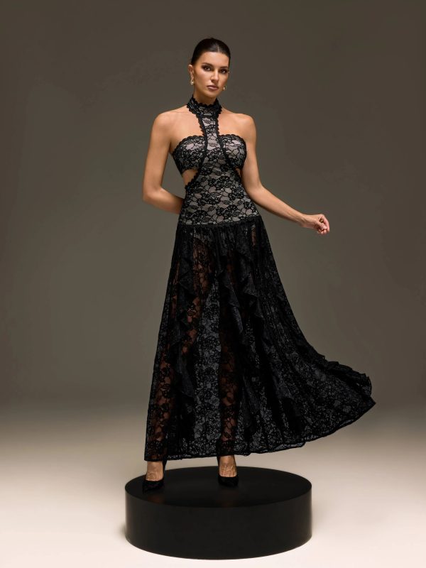 gavelyn halterneck cutout lace maxi dress in black 12