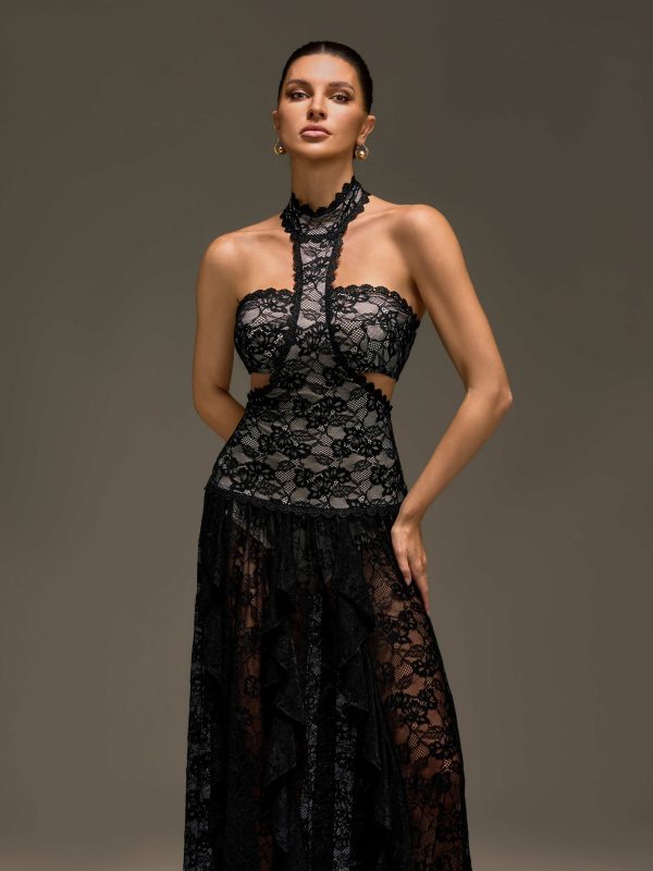 gavelyn halterneck cutout lace maxi dress in black 13