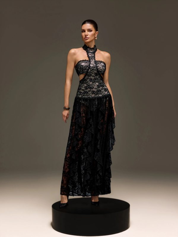 gavelyn halterneck cutout lace maxi dress in black 14