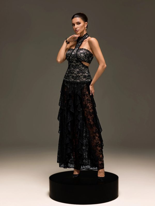 gavelyn halterneck cutout lace maxi dress in black 15