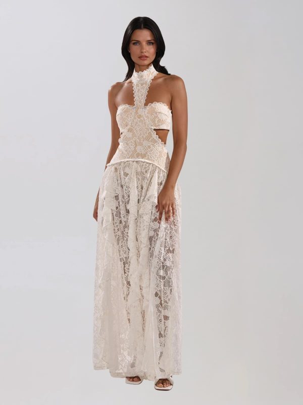 gavelyn halterneck cutout lace maxi dress in white 12