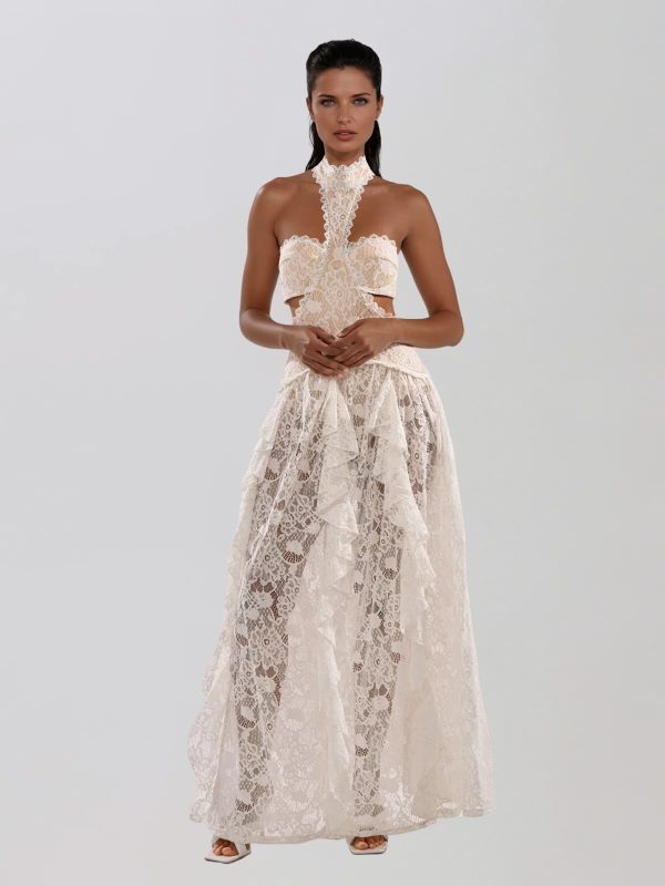 gavelyn halterneck cutout lace maxi dress in white 14