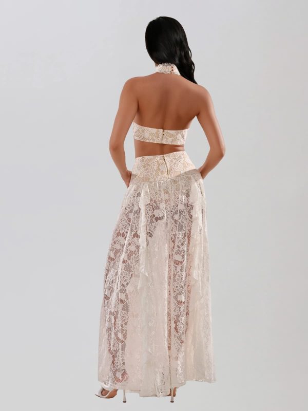 gavelyn halterneck cutout lace maxi dress in white 16
