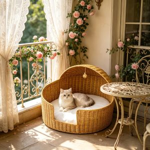 handwoven rattan pet bed with removable soft cushion 11