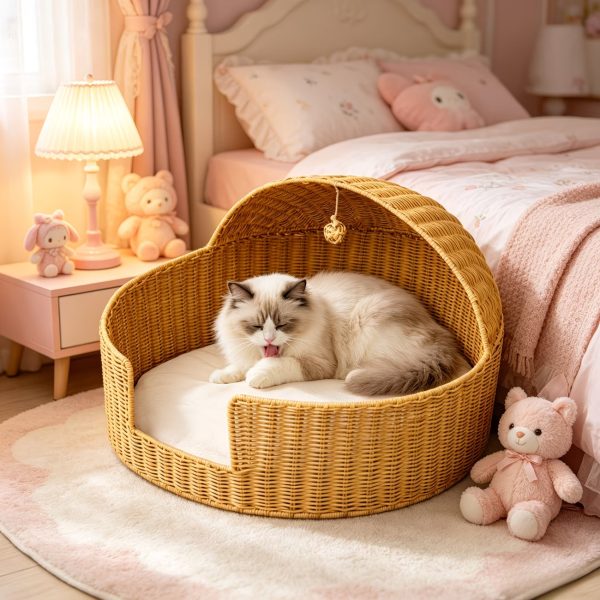 handwoven rattan pet bed with removable soft cushion 12