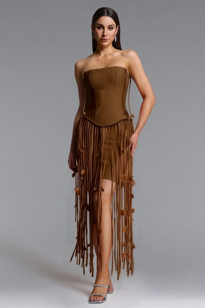 mikin strapless leaf fringe bandage dress in brown 11