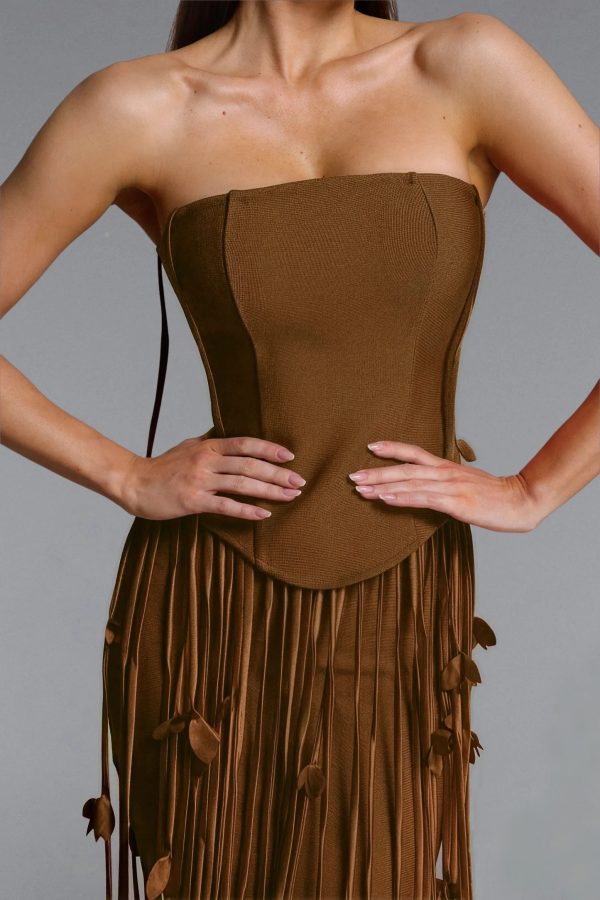 mikin strapless leaf fringe bandage dress in brown 12