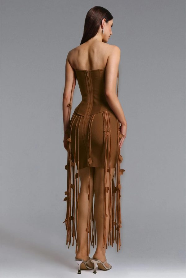 mikin strapless leaf fringe bandage dress in brown 13
