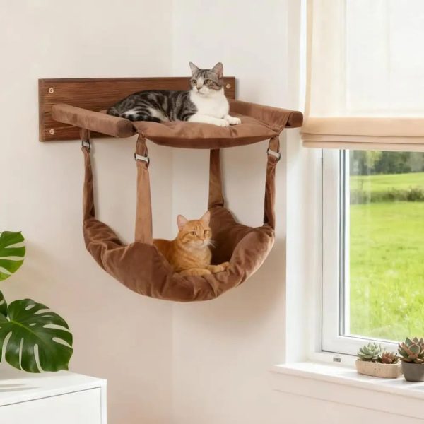 modern wooden double layer cat wall hammock 12