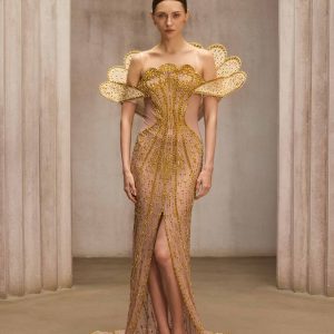 nesvor rhinestone mesh split maxi dress in gold 11
