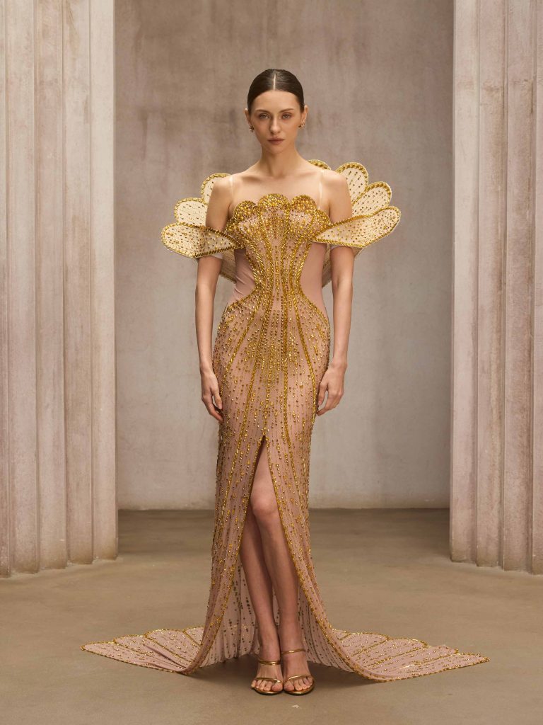 nesvor rhinestone mesh split maxi dress in gold 11