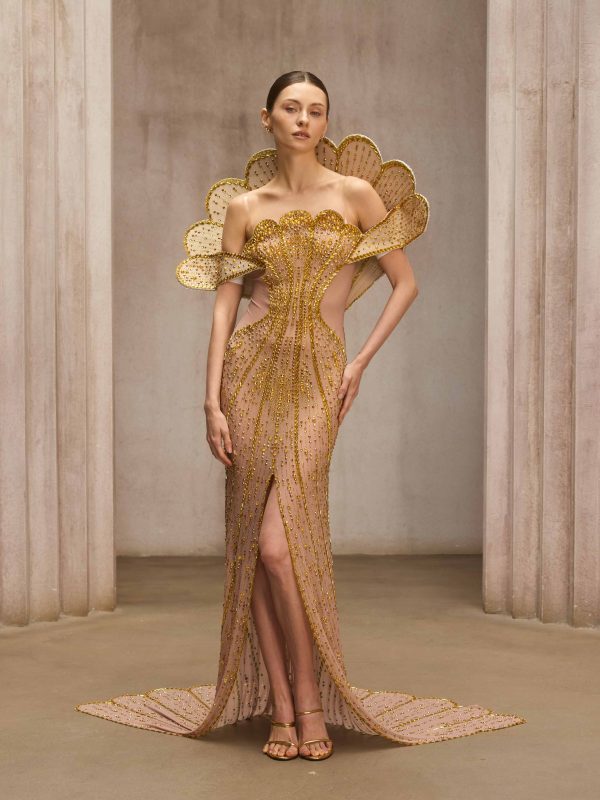 nesvor rhinestone mesh split maxi dress in gold 12