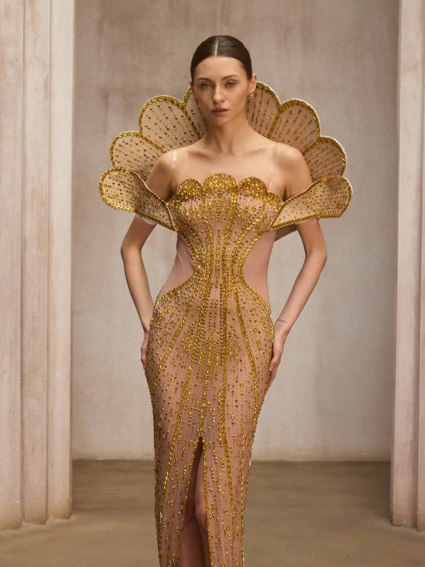 nesvor rhinestone mesh split maxi dress in gold 13