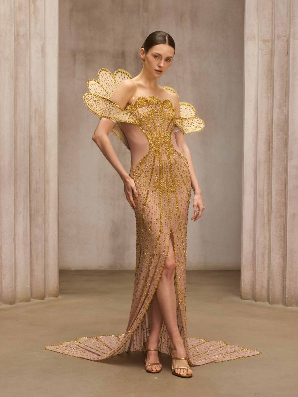 nesvor rhinestone mesh split maxi dress in gold 14