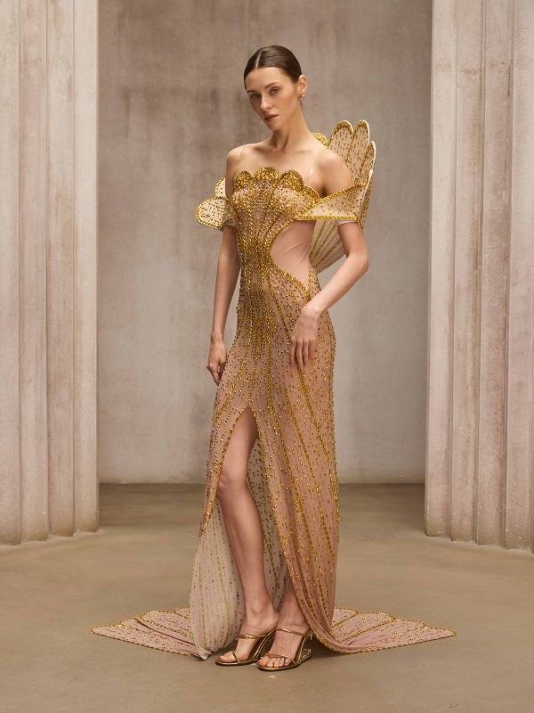 nesvor rhinestone mesh split maxi dress in gold 15