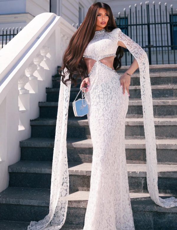 nevra cape sleeve rhinestone cutout maxi dress 22
