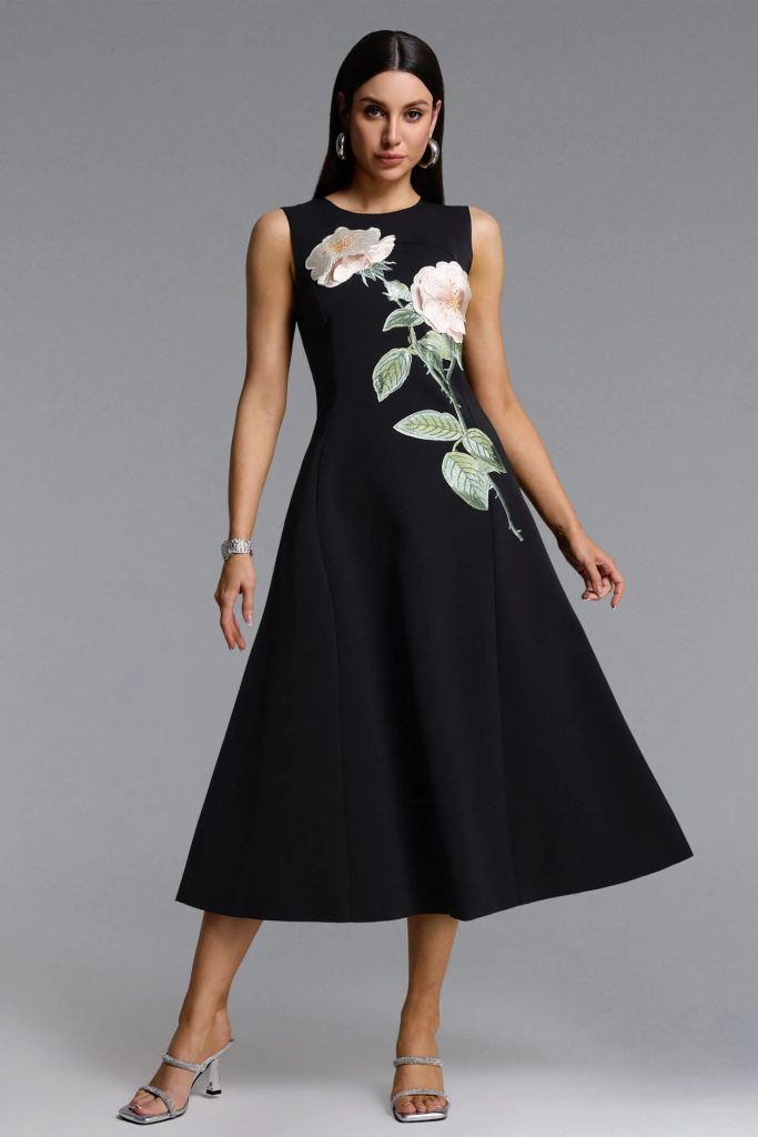 ogima sleeveless flower embroidered midi dress in black 11