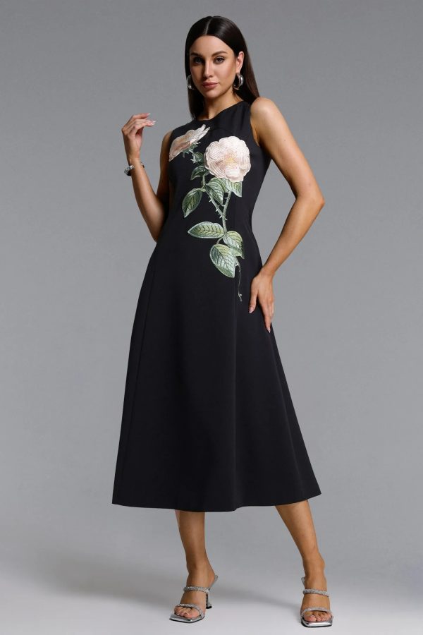 ogima sleeveless flower embroidered midi dress in black 12