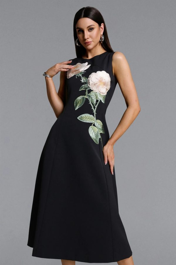 ogima sleeveless flower embroidered midi dress in black 14