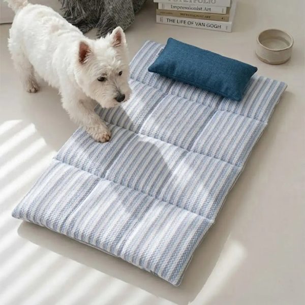 refreshing striped cooling ice silk non slip dog mat with pillow 12
