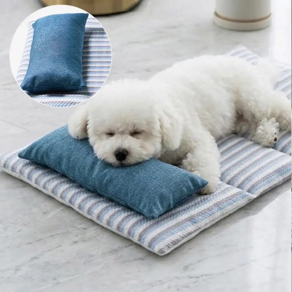 refreshing striped cooling ice silk non slip dog mat with pillow 13
