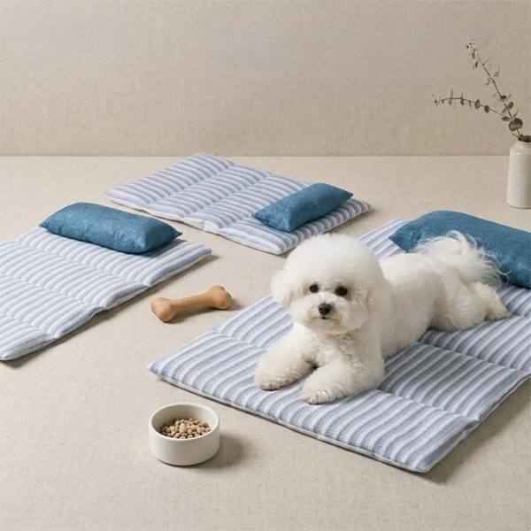 refreshing striped cooling ice silk non slip dog mat with pillow 16
