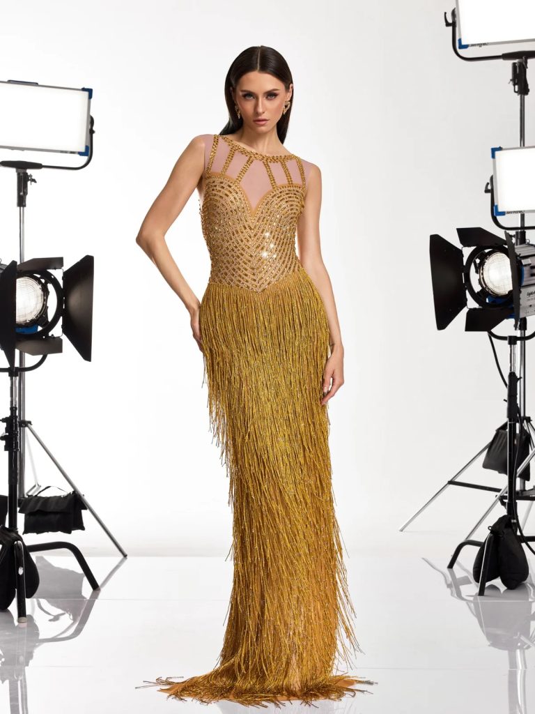 saelyvira fringe rhinestone maxi dress in gold 11