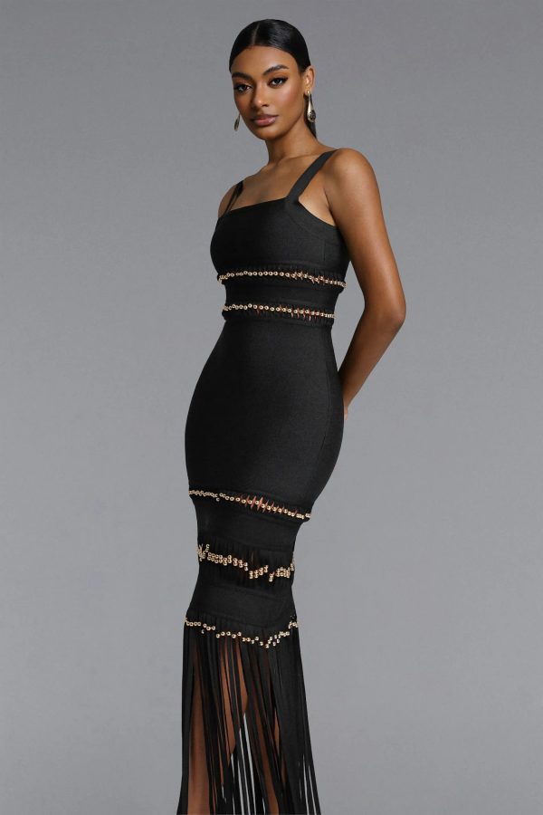shanley sleeveless beaded fringe black bandage maxi dress 14