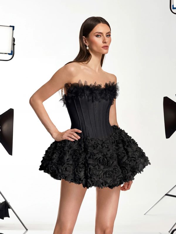 ulthar strapless flower mini dress in black 15