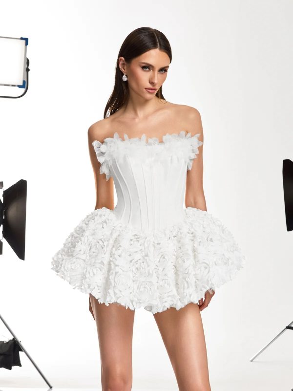 ulthar strapless flower mini dress in white 13