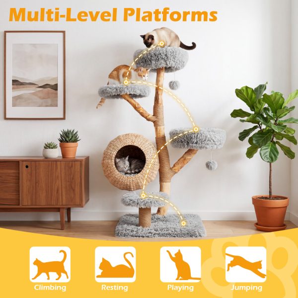 5 tier wooden cat tree with woven condo & plush perches 16