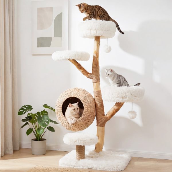 5 tier wooden cat tree with woven condo & plush perches 19