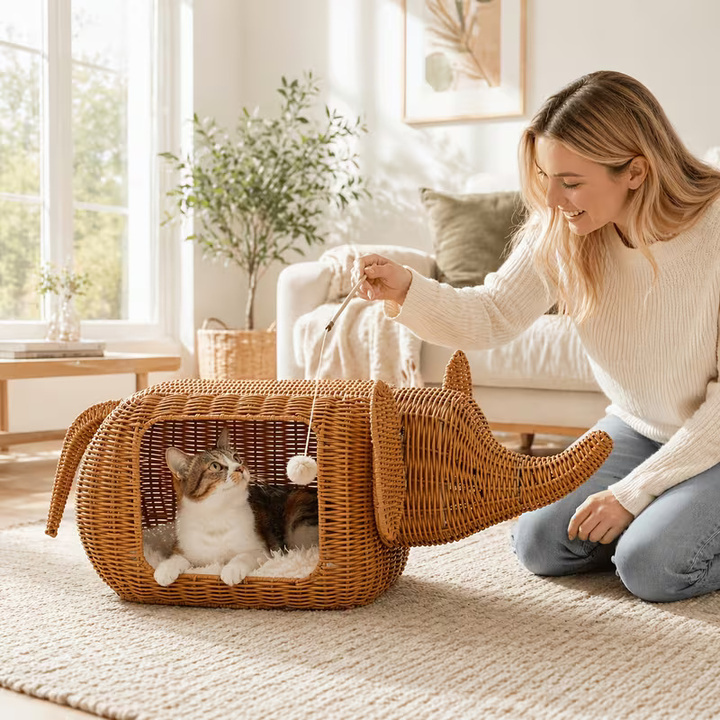 elephant shaped handwoven wicker cat house 17