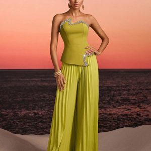 fendro strapless crystal pleated pants set in green 11