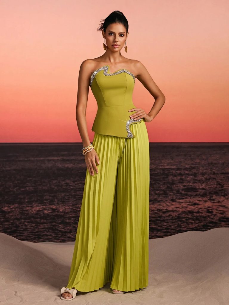 fendro strapless crystal pleated pants set in green 11