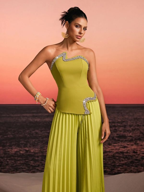 fendro strapless crystal pleated pants set in green 13