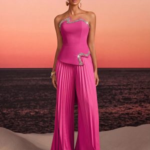 fendro strapless crystal pleated pants set in hot pink 11