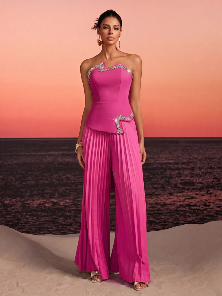 fendro strapless crystal pleated pants set in hot pink 11