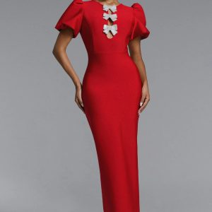 lazze puff sleeve bow bandage maxi dress 11