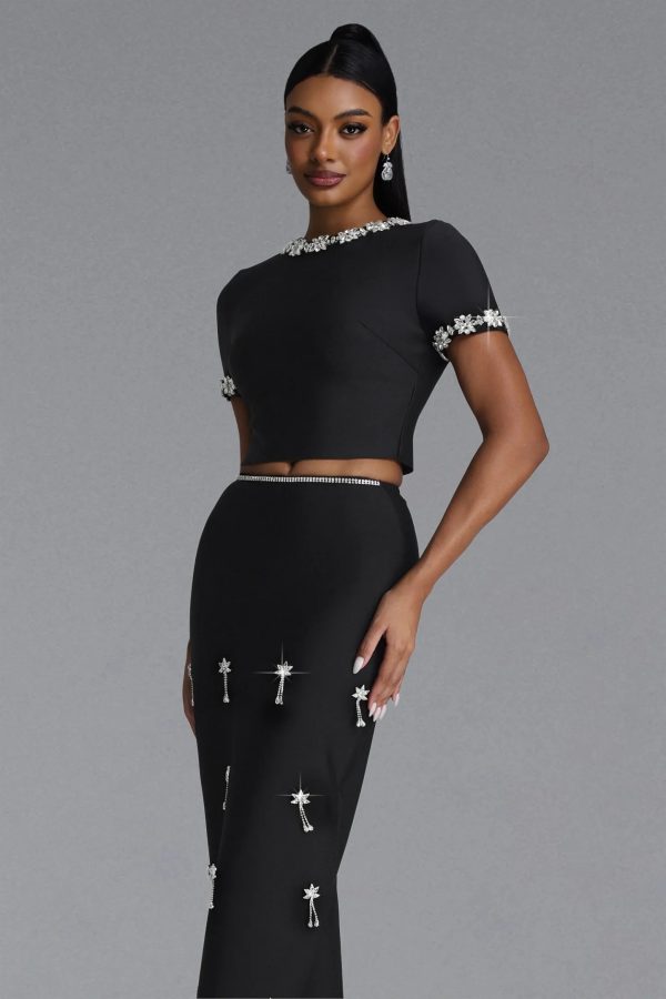 lula short sleeve rhinestone bandage two piece maxi dress 14