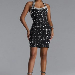 manik halter rhinestone bandage black mini dress 11
