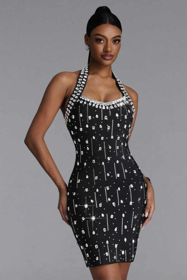 manik halter rhinestone bandage black mini dress 12
